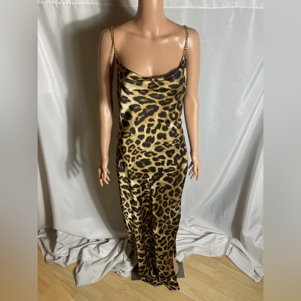 MICAS Leopard Print Satin Maxi Dress Gold Chain Open Back Size L